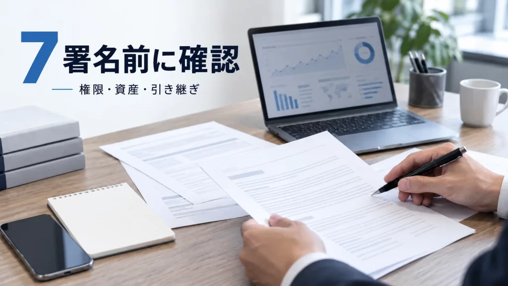 Webサイト改善の外注契約書とパソコンを確認する手元に「7 署名前に確認」と表示したアイキャッチ