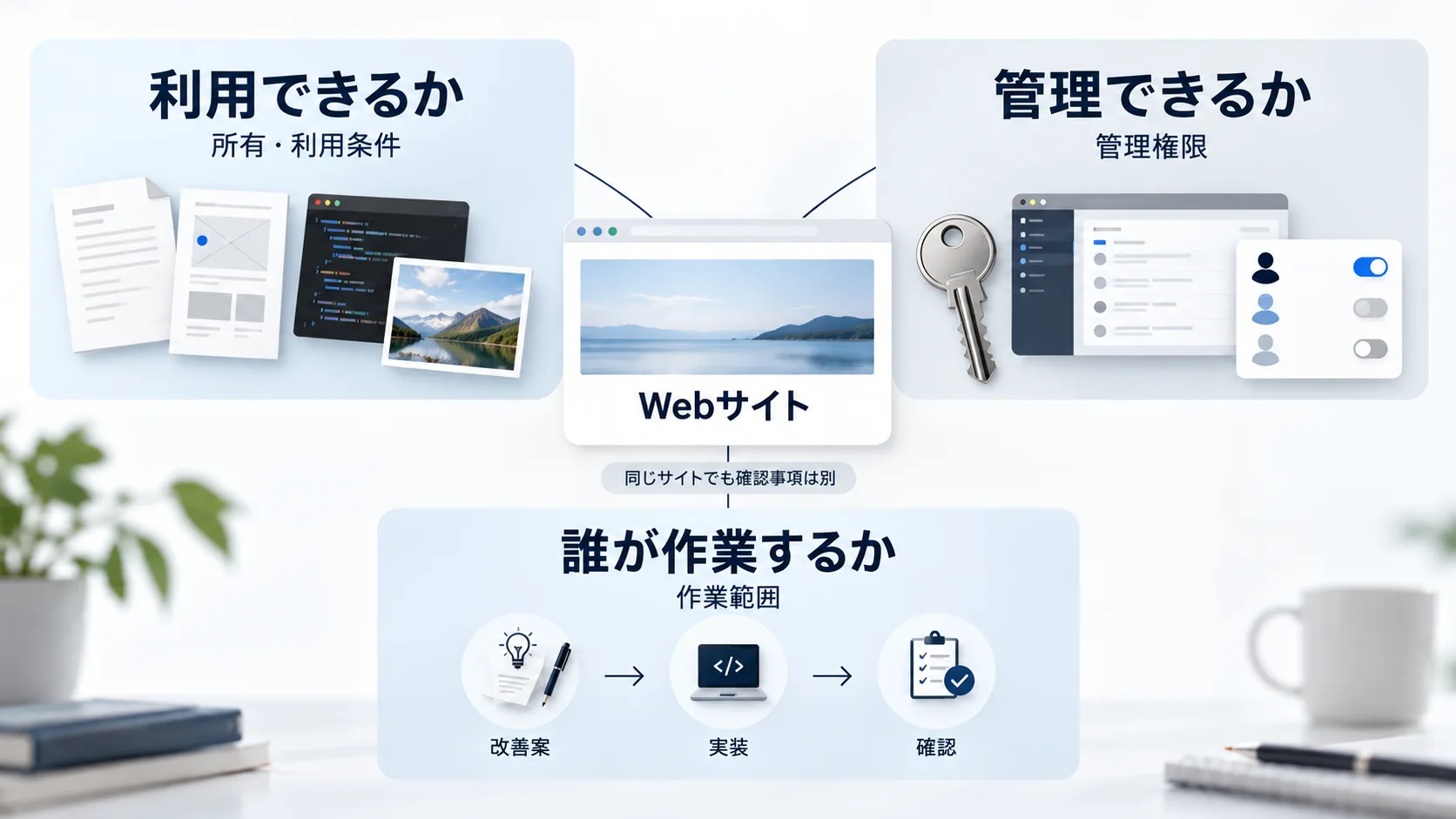 Webサイトの契約確認を「所有・利用条件」「管理権限」「作業範囲」の3つに分けた概念図