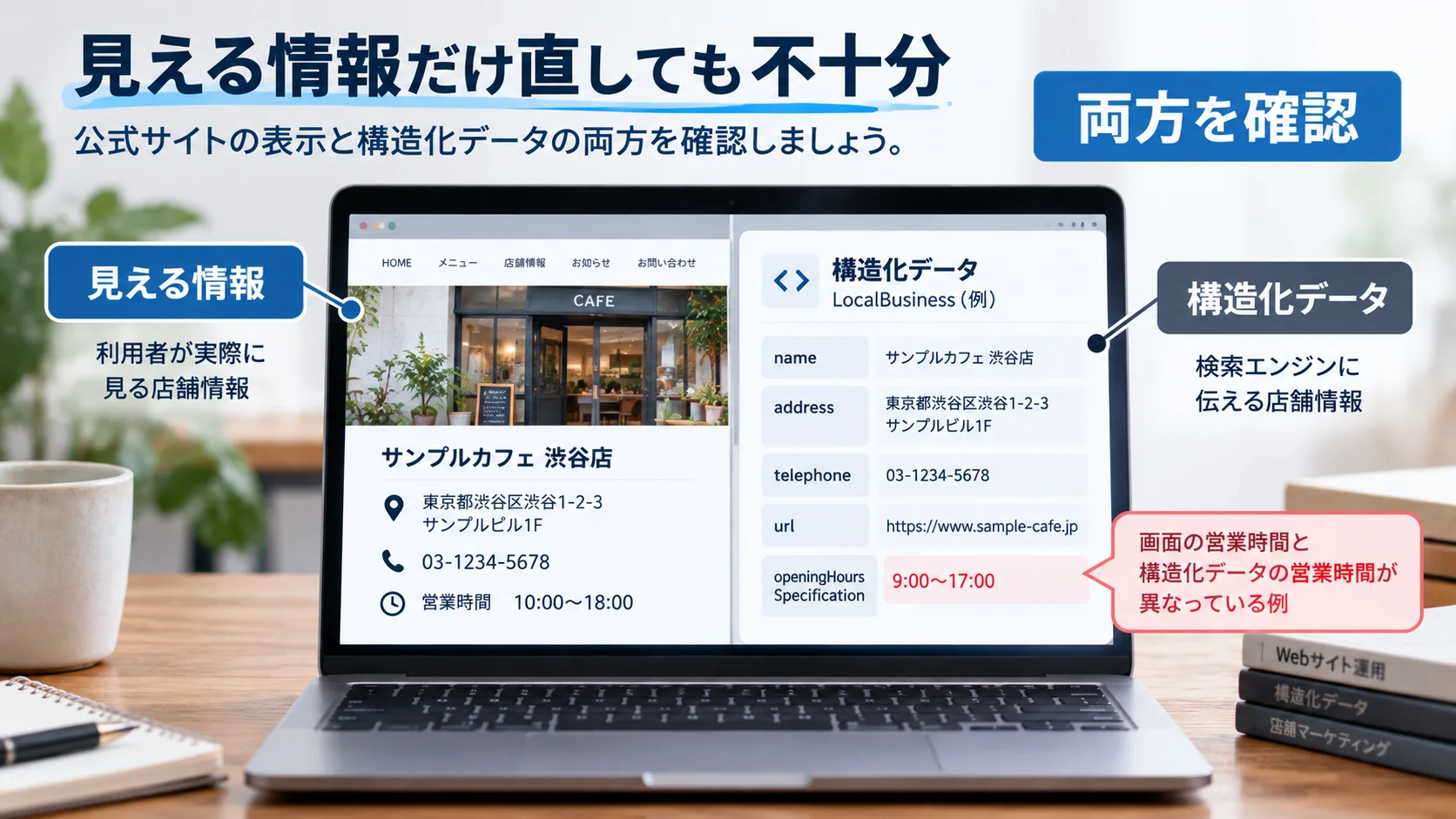 公式サイトの画面表示とLocalBusiness構造化データの営業時間が食い違っている比較図