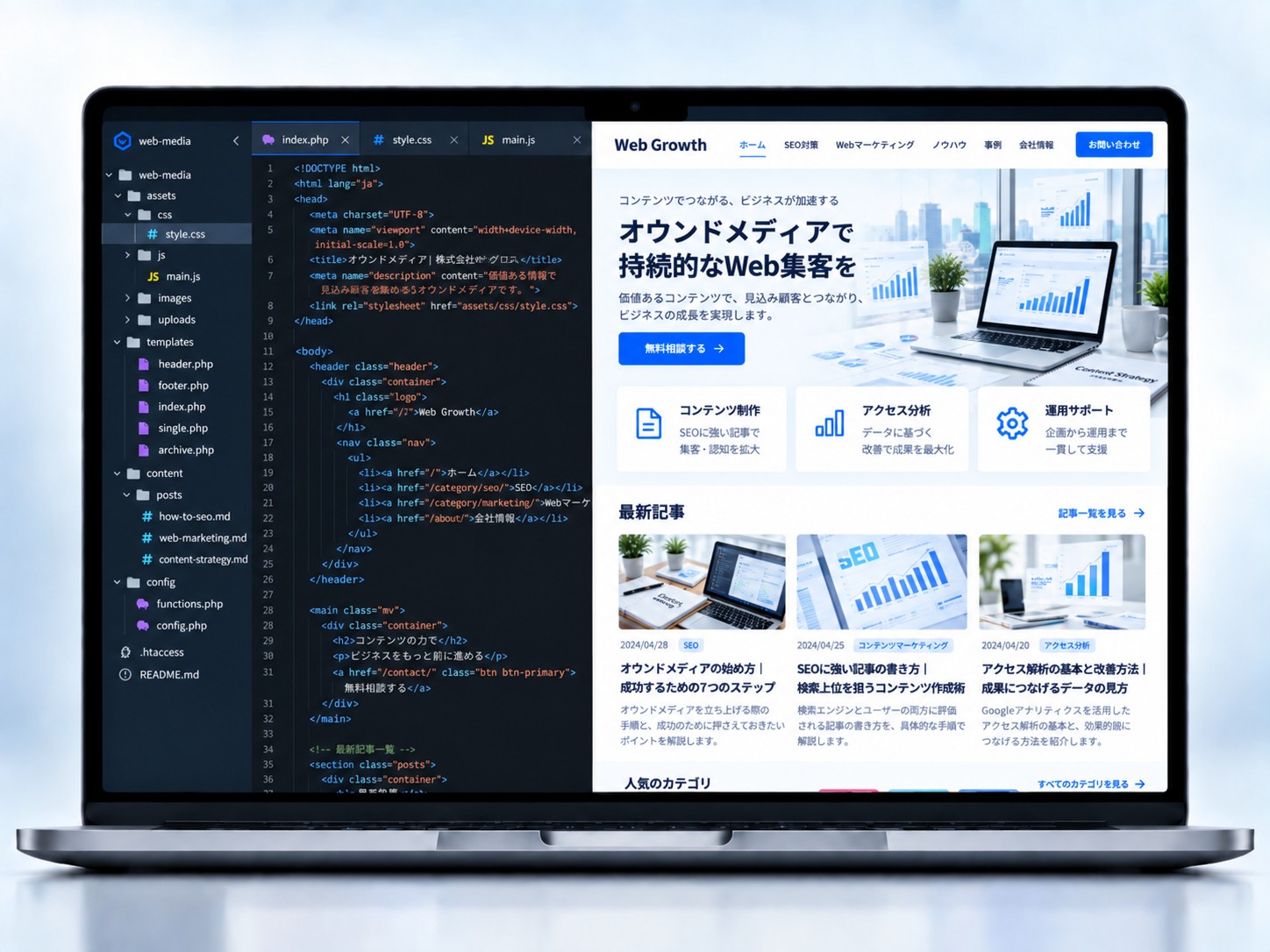 コーディング画面と公開された企業サイトを並べて確認するイメージ