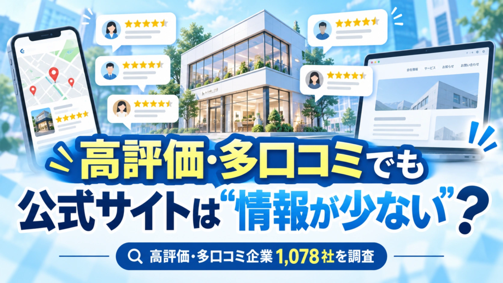 高評価・多口コミ企業でも公式サイトは「情報が少ない」?高評価・多口コミ企業1,078社を調査したことを示すアイキャッチ画像